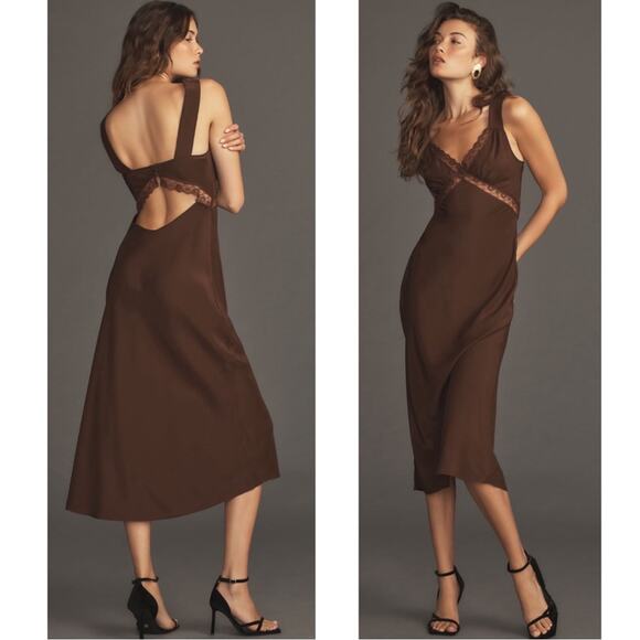 Reformation Provence Lace Trim Silk Cafe Brown Slip Maxi Dress Size 3X - Picture 2 of 9